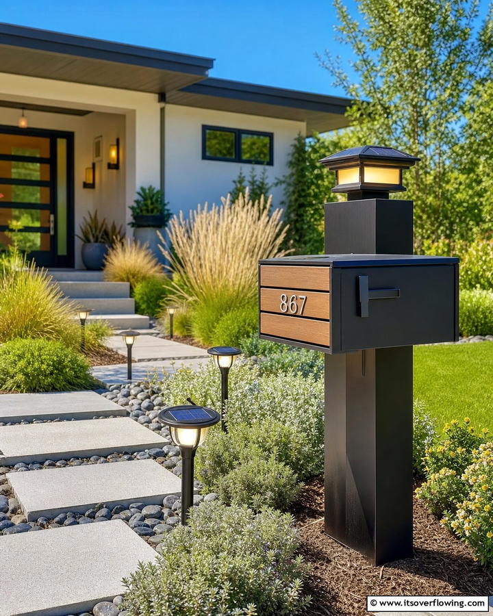 Solar Powered Lighting - 30 Creative Mailbox Landscaping Ideas for Curb Appeal