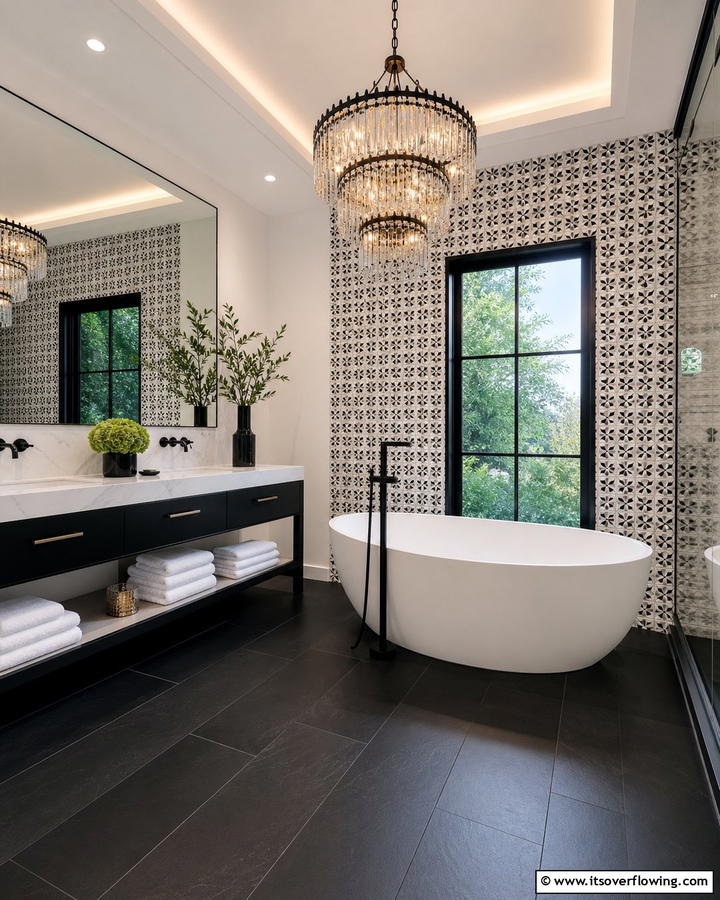 Solid Black Floors with White Mosaic Walls - 20 Black Floor Bathroom With White Walls Ideas for Contrast