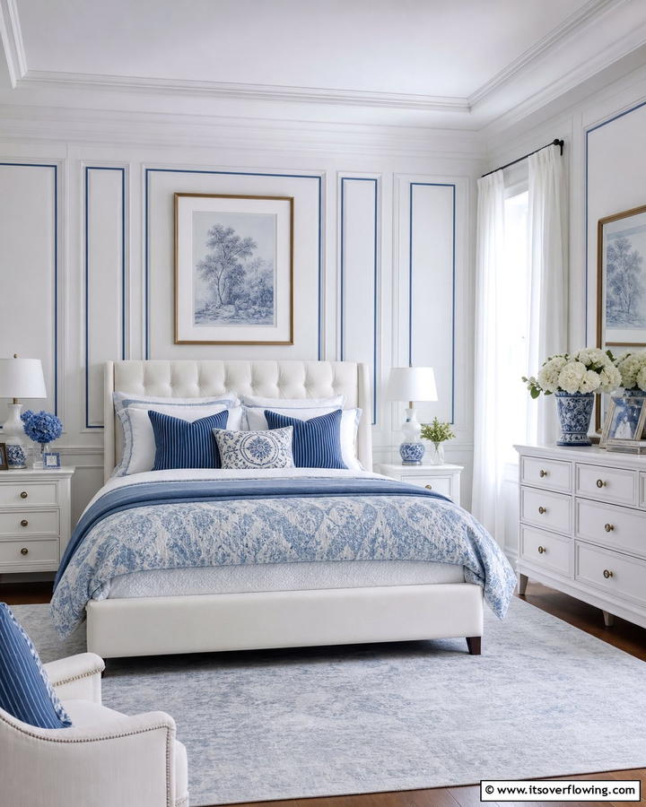 Soothing Blue and White Harmony - 21 Serene Blue Bedroom Ideas for Calming Atmospheres