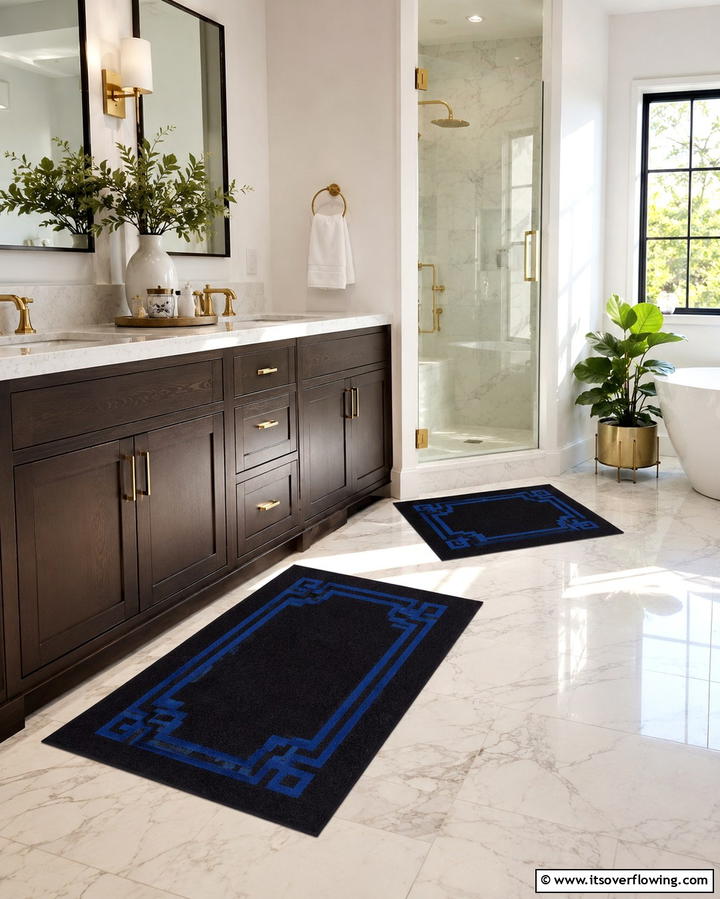 Sophisticated Black Floor Mats with Blue Accents - 30 Striking Black and Blue Bathroom Ideas for Dramatic Flair