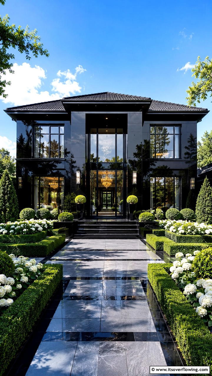Sophisticated Black Gloss - 30 Black House Exteriors- Bold Paint Colors for Modern Homes