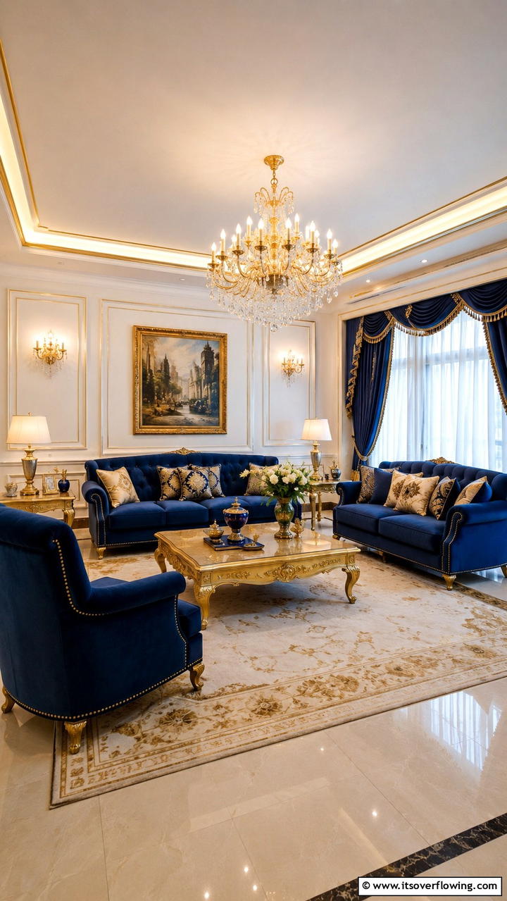 Sophisticated Blue Furniture with Golden Trims - 30 Stunning Blue and Gold Living Room Ideas for Elegant Spaces