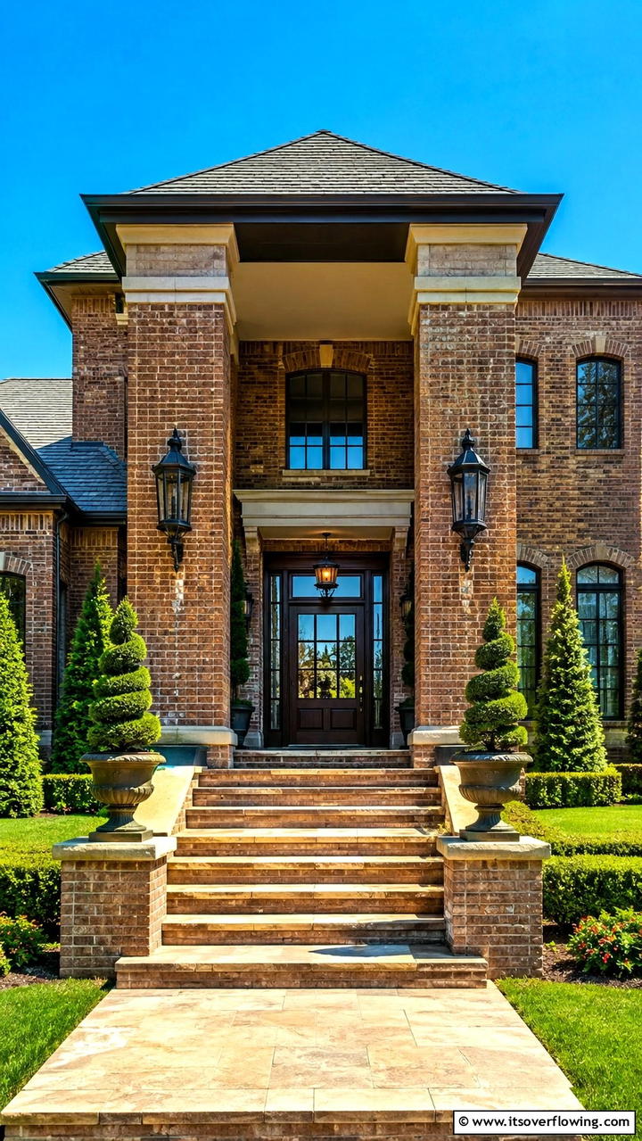 Sophisticated Brick Columns - 30 Brown Brick Exterior Home Ideas for Timeless Curb Appeal