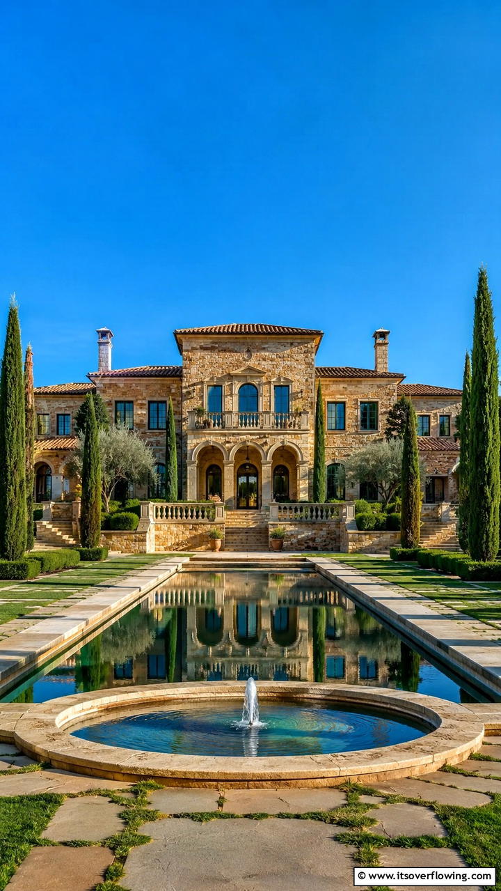 Sophisticated Brick Villa with Grand Stone Facade - 30 Brick Houses With Stone Accents- Exterior Design Inspiration