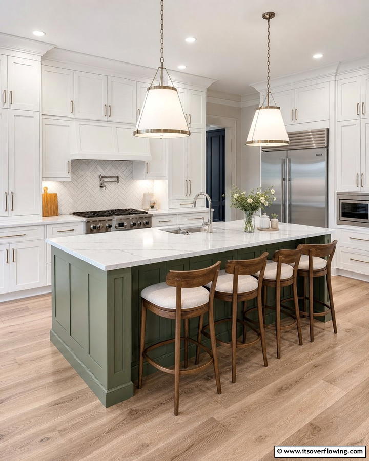 Sophisticated Contrast with White Cabinets - 20 Sage Green Kitchen Island Ideas for a Fresh Look