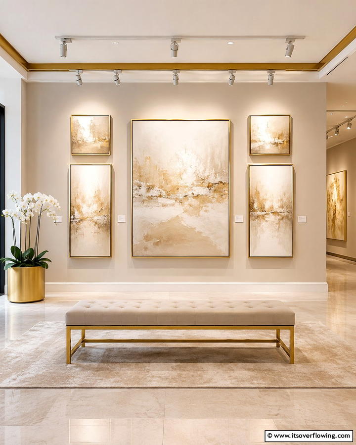 Sophisticated Cream and Gold Artwork Display - 30 Elegant Cream & Gold Living Room Themes for Luxe Interiors