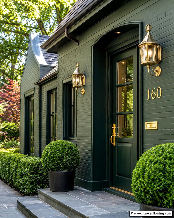 Sophisticated Dark Green with Brass Fixtures - 30 Stunning Dark Green Exterior House Designs for Curb Appeal