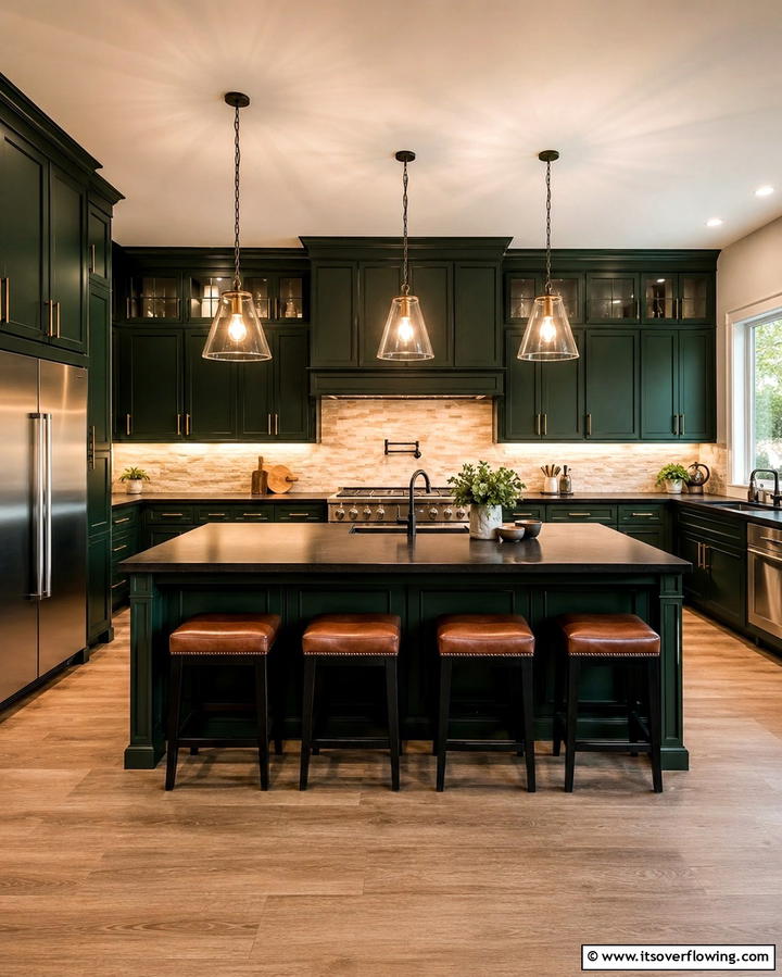 Sophisticated Dark Green - 30 Green Kitchen Cabinets & Black Countertops Pairing Ideas