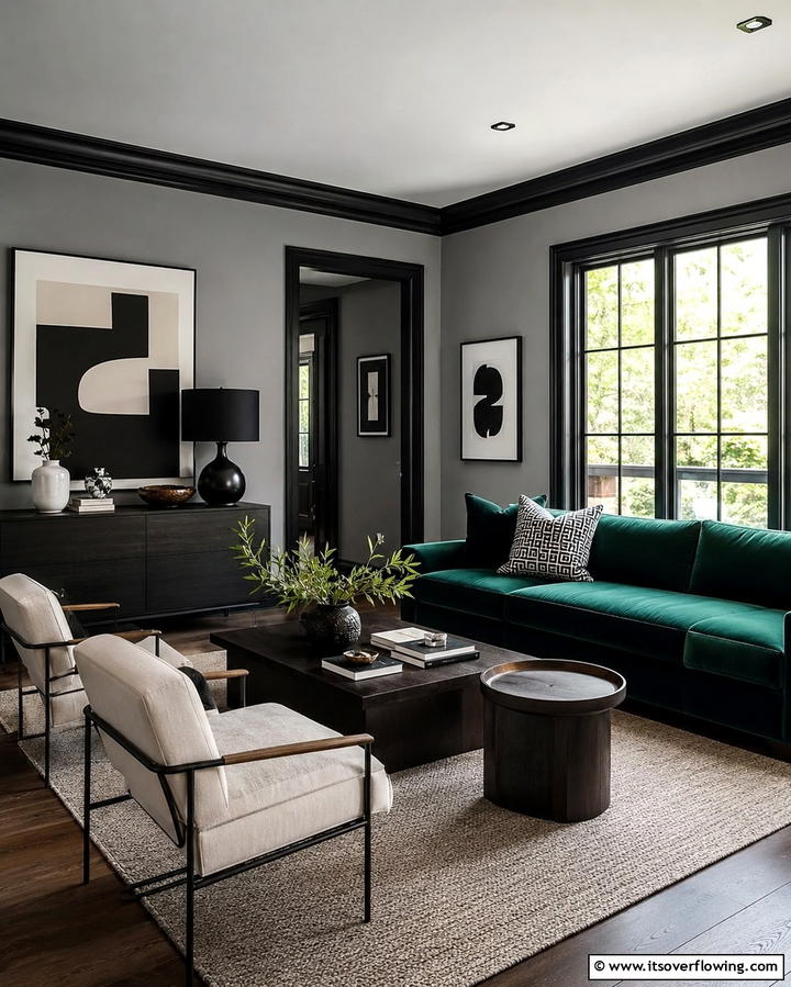 Sophisticated Edge - 30 Living Room Grey Walls & Black Trim- Bold Contrast Ideas