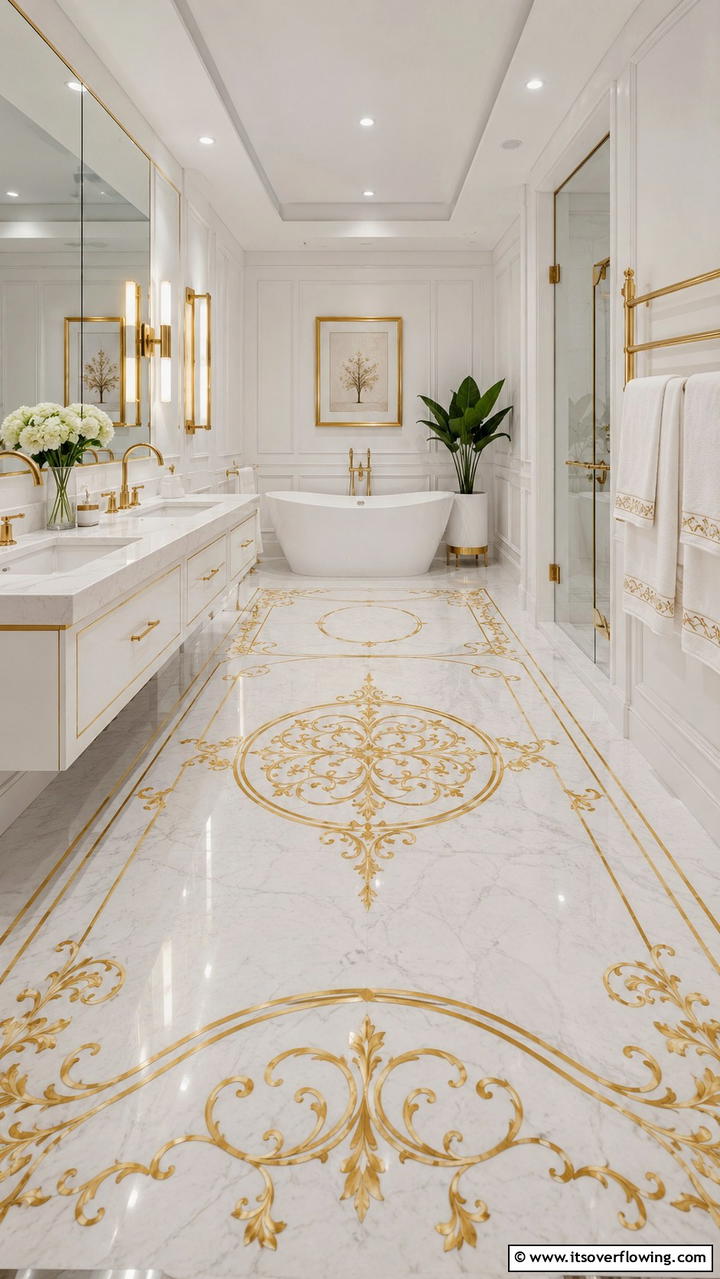 Sophisticated Gold Floor Inlays - 30 Gold Bathroom Ideas for Luxurious, Modern Spaces