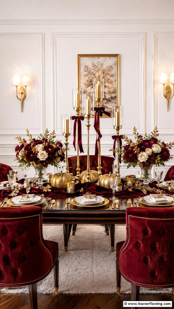 Sophisticated Gold and Burgundy Display - 21 Stunning Thanksgiving Centerpiece Ideas for Your Table
