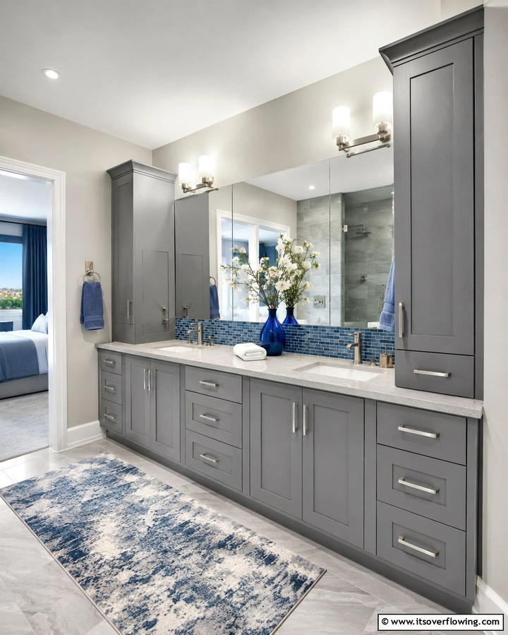 Sophisticated Gray Vanity with Blue Accents - 25 Blue and Gray Bathroom Ideas for a Modern Look