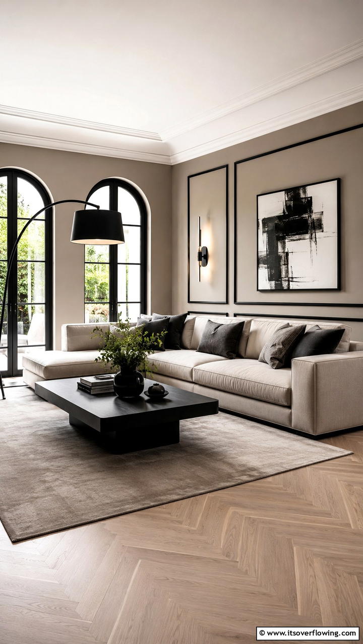 Sophisticated Greige and Black Contrast - 30 Greige Living Room Ideas for Neutral & Warm Modern Spaces
