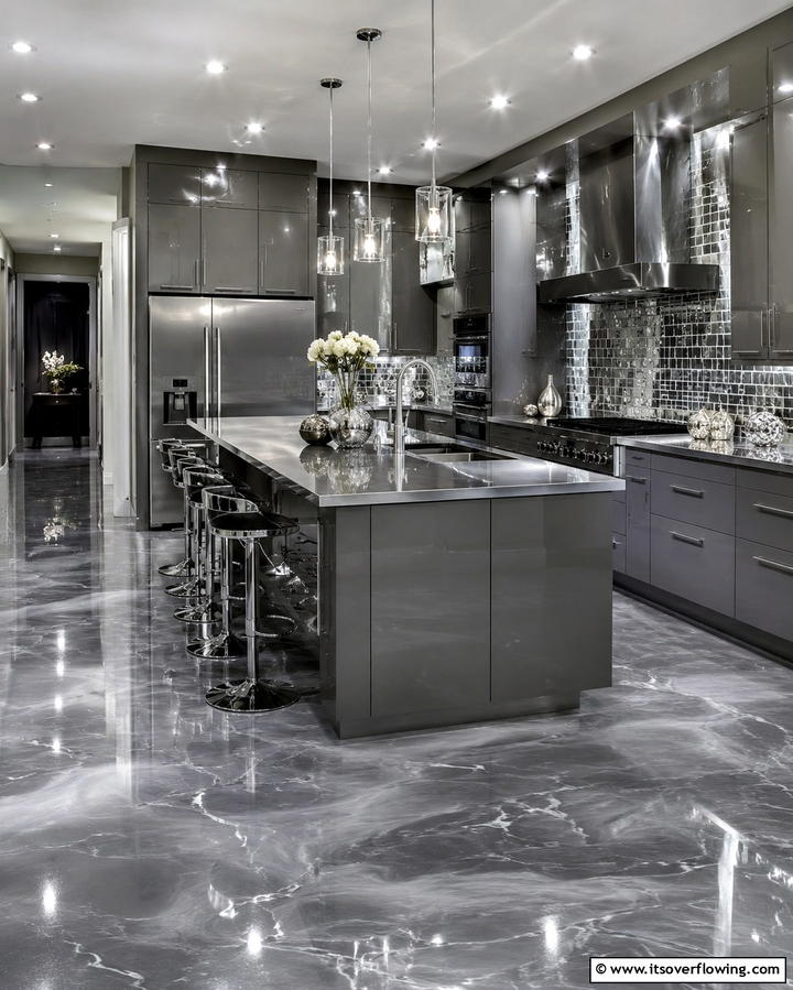 Sophisticated Grey Kitchen with Metallic Finishes - 30 Kitchens with Grey Floors- Sleek & Modern Flooring Ideas