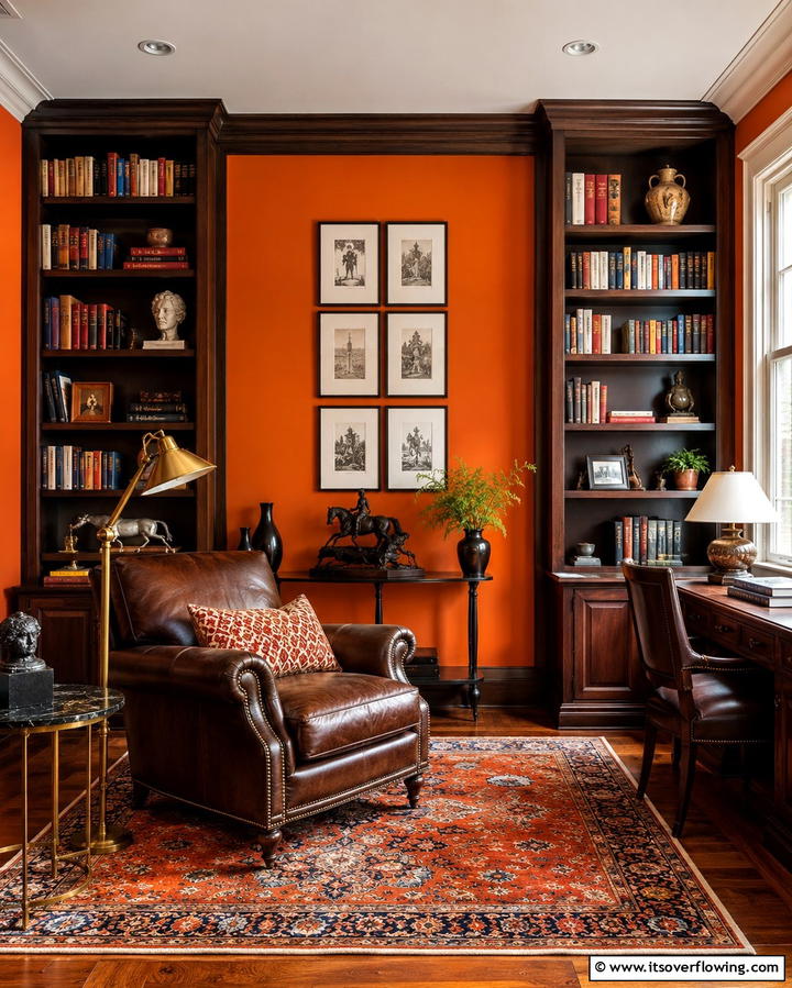 Sophisticated Home Library - 20 Orange Accent Wall Ideas to Brighten Your Space