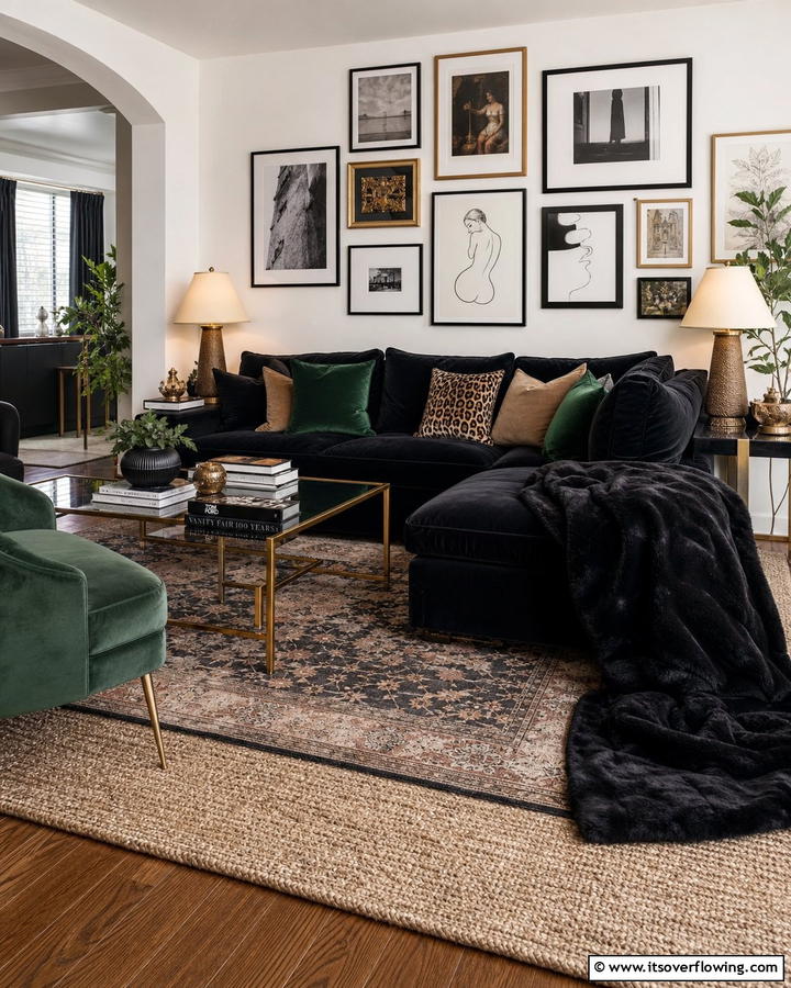 Sophisticated Layers - 21 Living Room Ideas With Black Couches- Modern Style