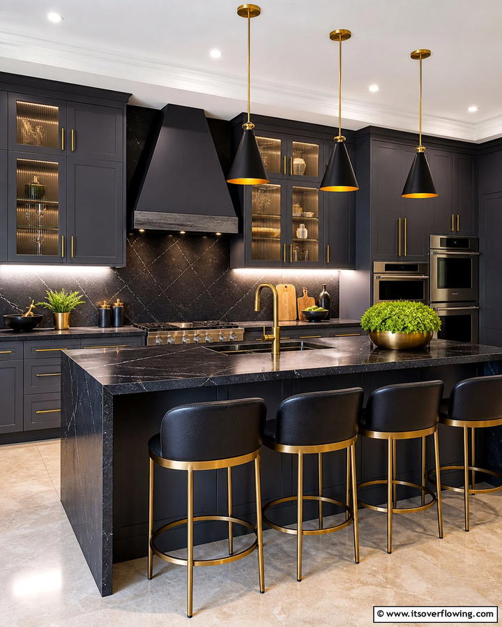 Sophisticated Lighting Accents - 25 Kitchen Ideas with Gray Cabinets and Black Countertops