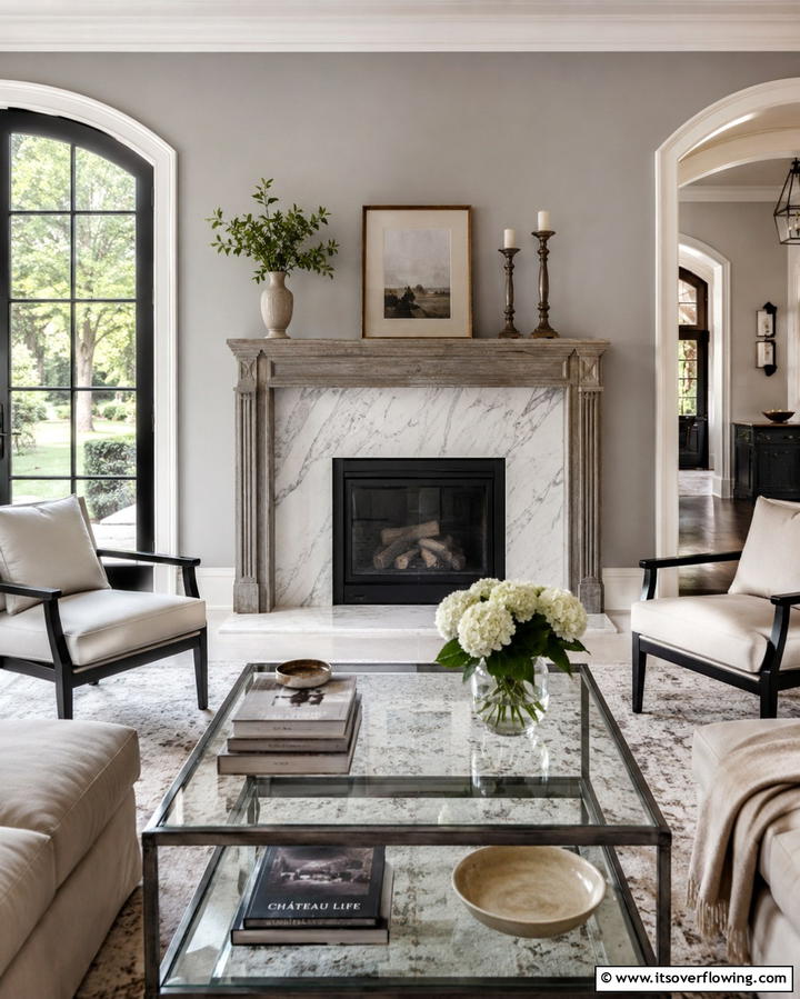 Sophisticated Marble Insert - 30 French Country Fireplace Ideas- Rustic Charm