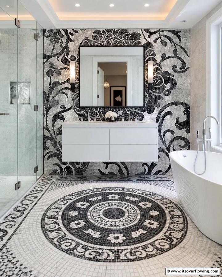 Sophisticated Monochrome Mosaic - 21 Classic Black & White Bathroom Designs for Contrast