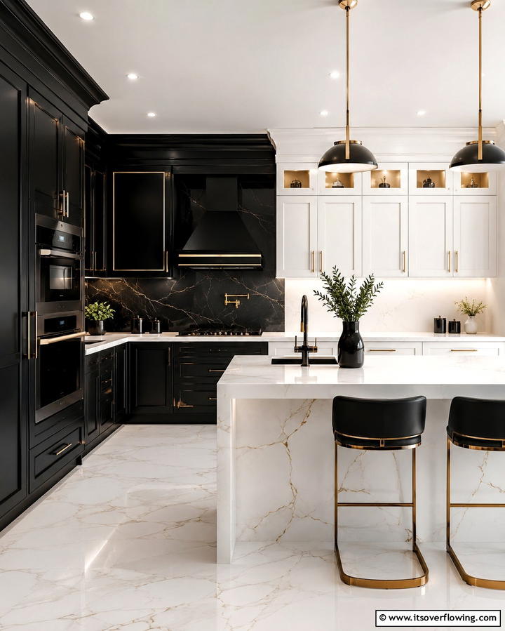 Sophisticated Monochrome Palette - 30 Luxe Black, White, and Gold Kitchen Ideas for Elegant Spaces