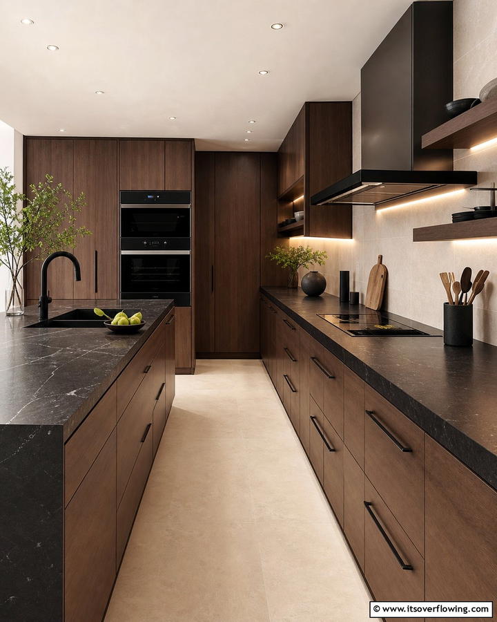 Sophisticated Monochrome with Subtle Details - 20 Kitchen Ideas with Brown Cabinets and Black Countertops