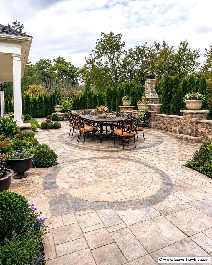 Sophisticated Stone Mosaic - 21 Stamped Concrete Patio Designs to Elevate Outdoor Spaces