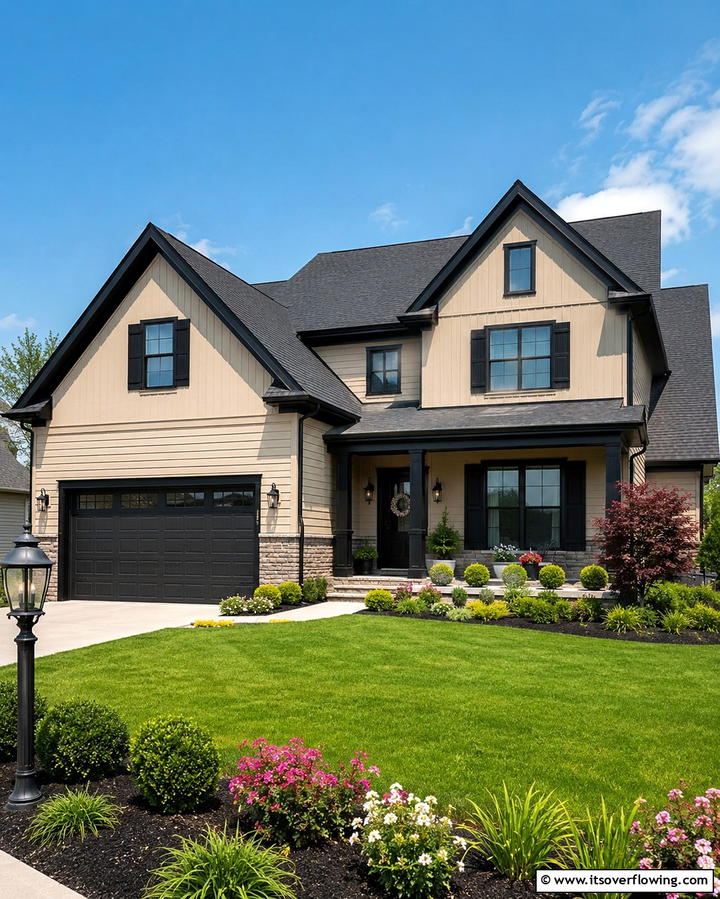 Sophisticated Suburban Look - 25 Tan House With Black Trim Design Ideas for Elegance