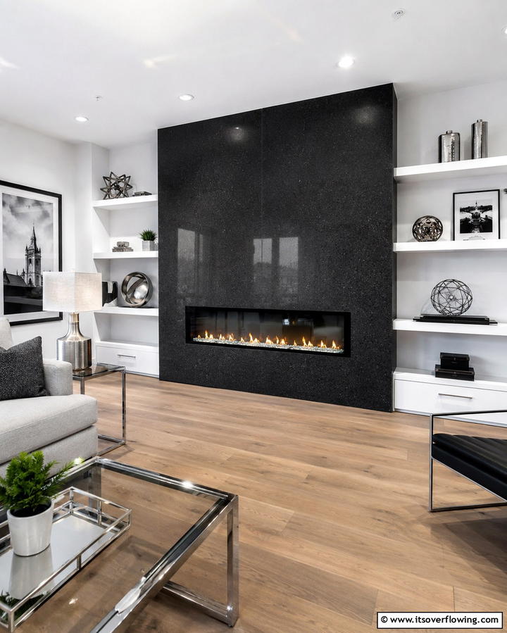 Sophistication with Black Quartz - 25 Elegant Black Stone Fireplace Ideas