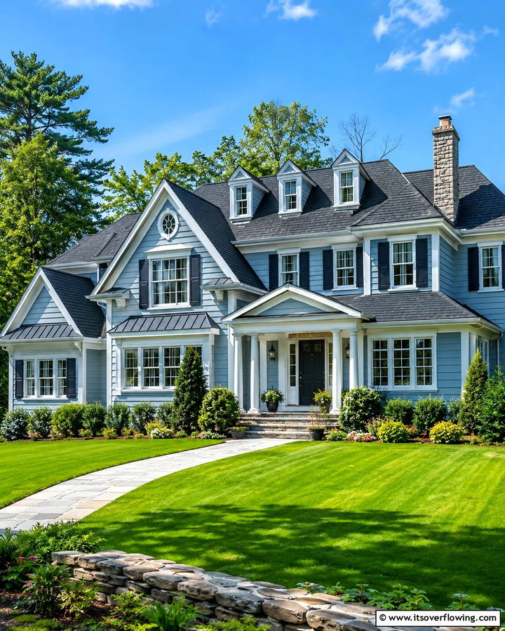 Sophistication with Charcoal Roof - 25 Light Blue House Exterior Ideas for a Fresh Look