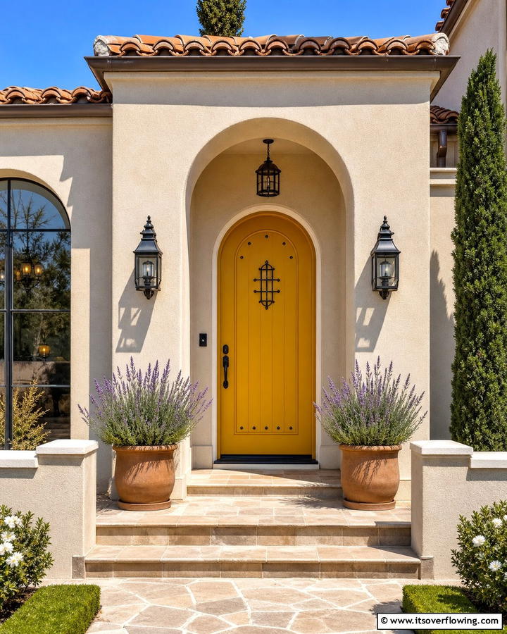 Sophistication with Neutral Stucco - 20 Mustard Yellow Front Door Ideas for a Bold Entrance