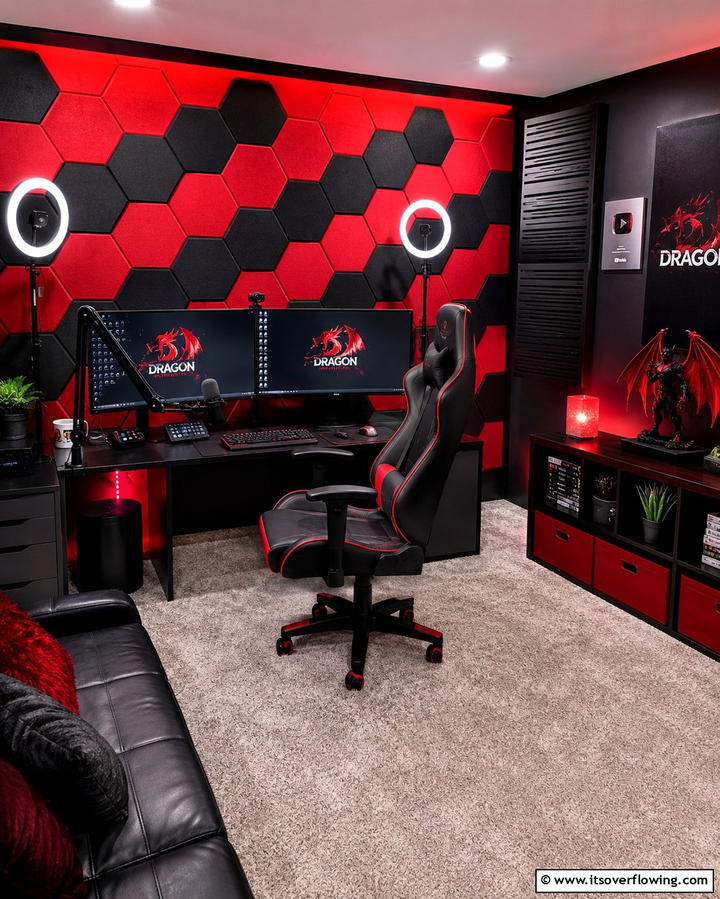 Soundproofing Panels - 25 Red and Black Gaming Setup Ideas for a Stylish Space