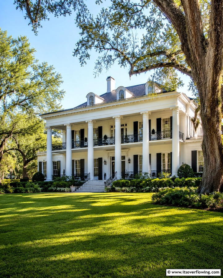 Southern Plantation Grace - 25 White Exterior Home with a Black Roof Ideas