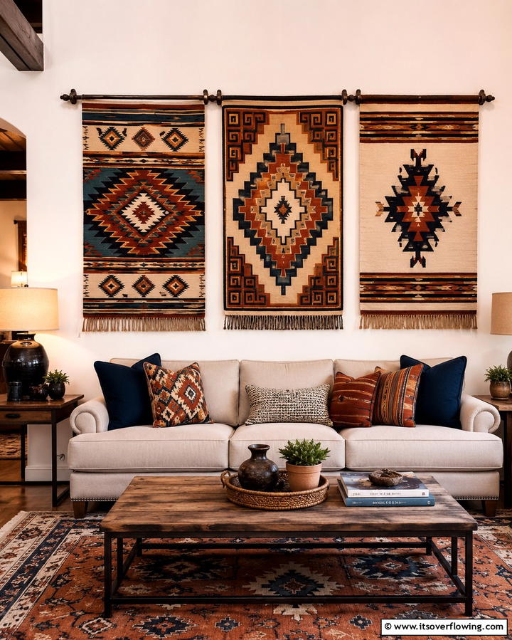 Southwestern Style Wall Hangings - 25 Southwest Living Room Ideas for a Cozy Vibe