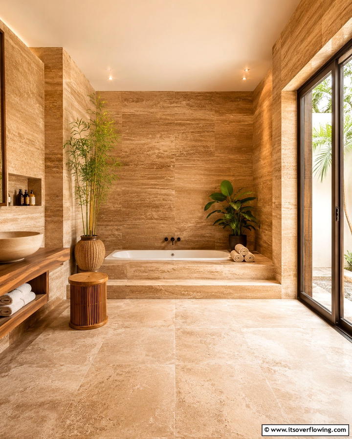 Spa Like Ambiance with Warm Tones - 25 Travertine Tile Bathroom Ideas for Natural Beauty