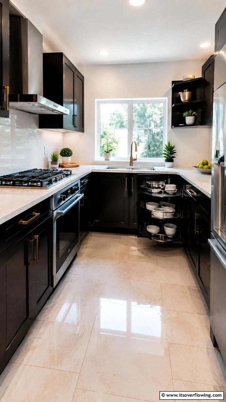 Space Saving Black Corner Cabinets - 30 Black Kitchen Cabinet Ideas for Bold Modern Spaces