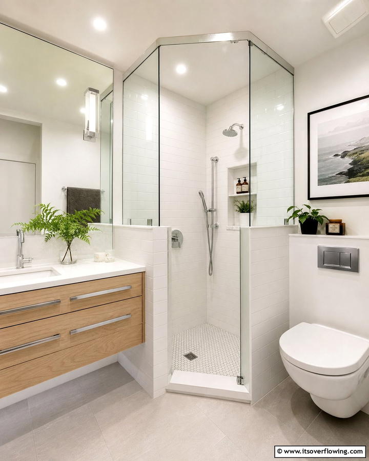 Space Saving Corner Design - 30 Half-Wall Shower Ideas- Sleek Bathroom Design Solutions