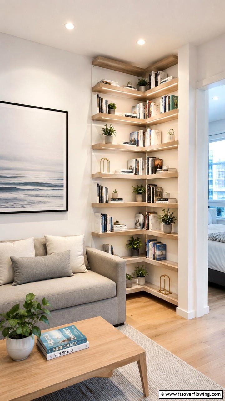 Space Saving Corner Shelf - 30 Creative Bookshelf Decor Ideas for Organized Living Spaces