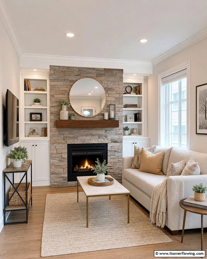 Space Saving Efficiency - 21 Rustic Stone Fireplace Designs for Cozy Living Rooms