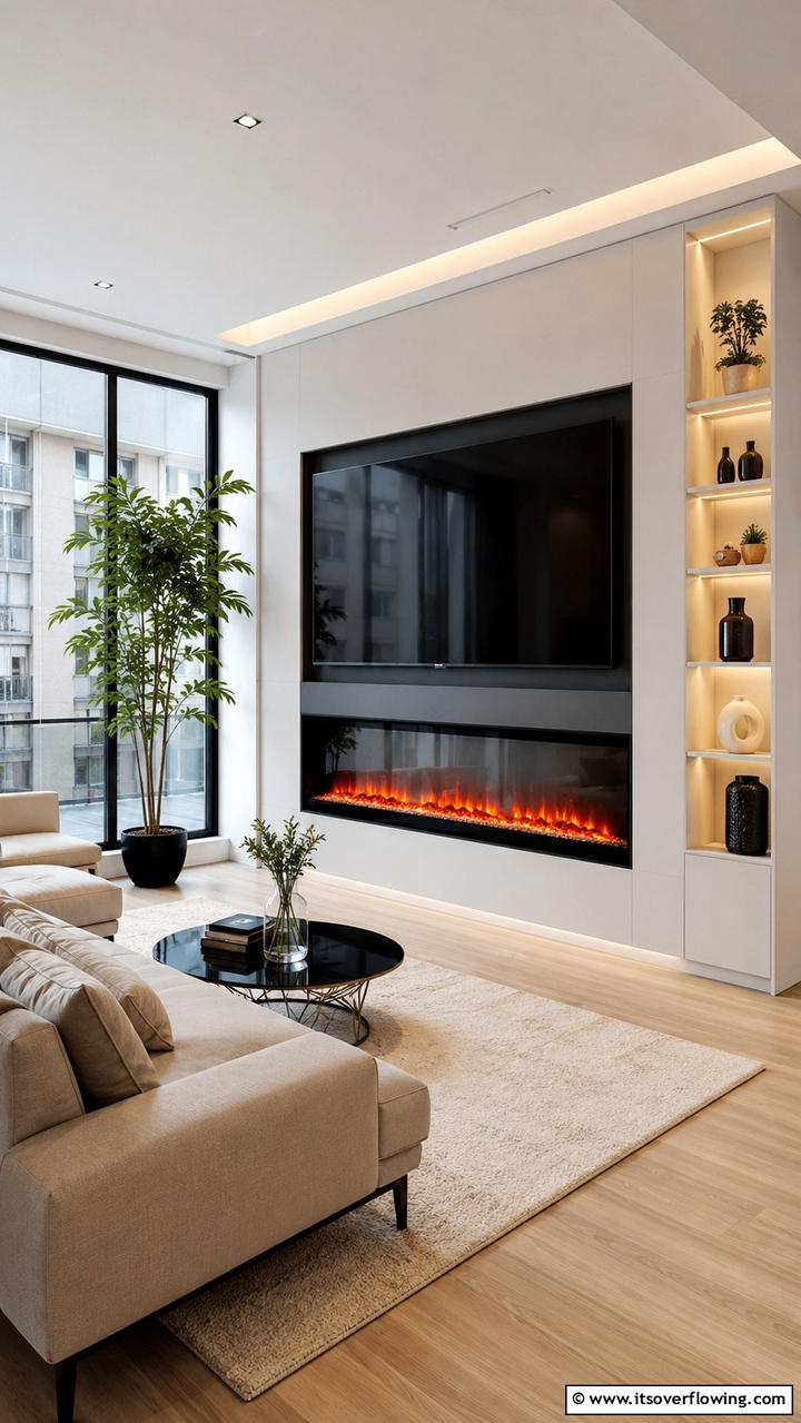 Space Saving Electric Fireplace with TV Integration - 30 Electric Fireplace Ideas With TV Above for Cozy Spaces