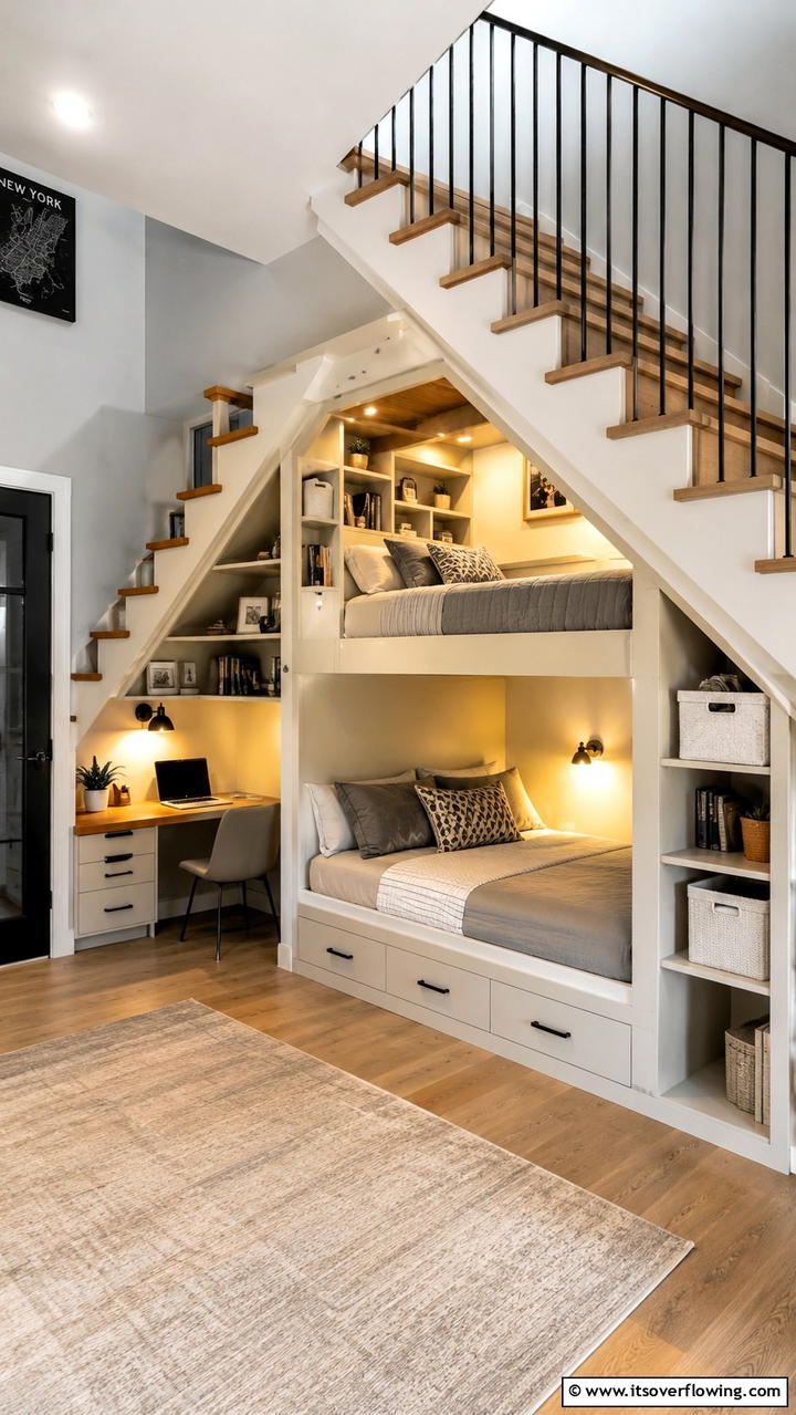 Space Saving Under Stair Bunk Design - 30 Bunk Room Ideas for Fun and Functional Kids’ Spaces