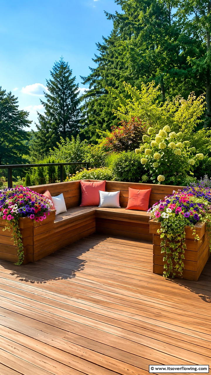 Spacious Bench with Planter Integration - 30 Built-In Deck Bench Ideas- Functional Outdoor Seating