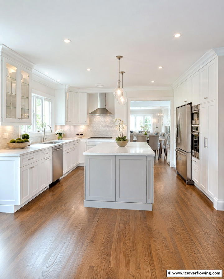 Spacious Feel with White Cabinets and a Light Grey Island - 25 White Kitchen Cabinets with Grey Island Ideas