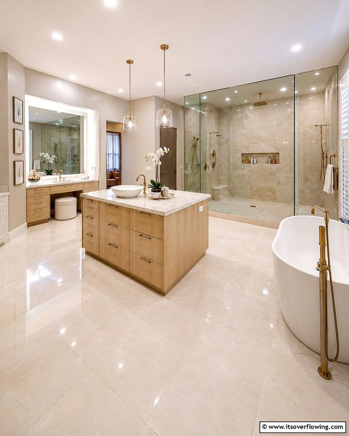 Spacious Layout Appeal - 30 Beige Bathroom Ideas for Timeless and Serene Design Schemes
