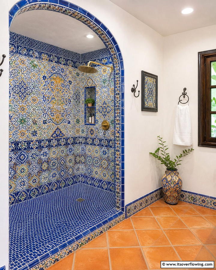 Spacious Tiled Showers - 30 Spanish Style Bathroom Ideas for Mediterranean Flair