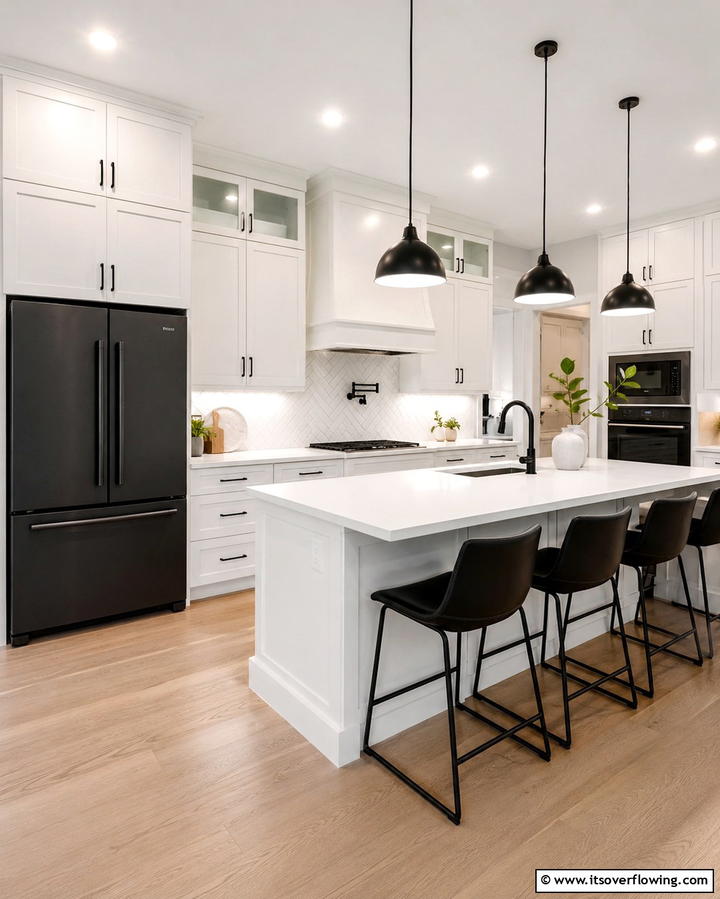 Spacious White Cabinets with Black Refrigerators - 30 White Kitchen Designs with Bold Black Appliances