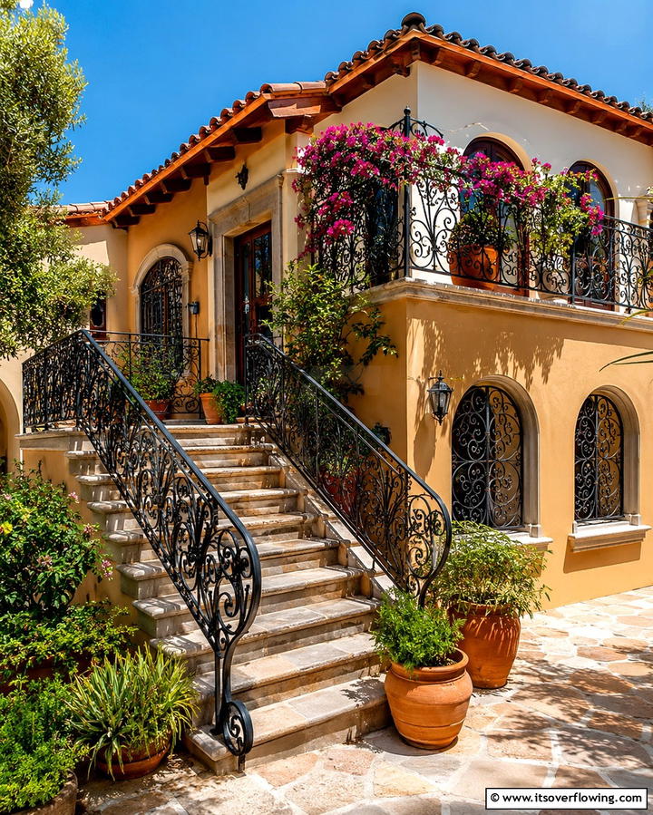 Spanish Iron Railings - 30 Spanish Bungalow Exterior Ideas for Mediterranean Charm