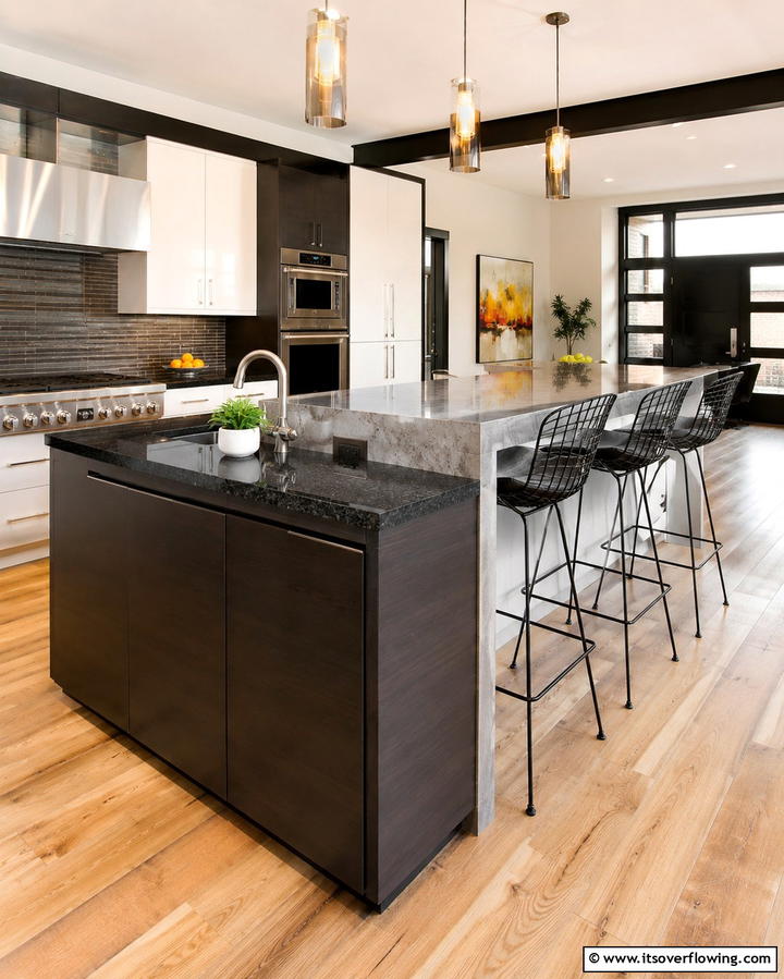 Split Level Seating with Bar Stools - 30 Modern Split Level Kitchen Design Concepts