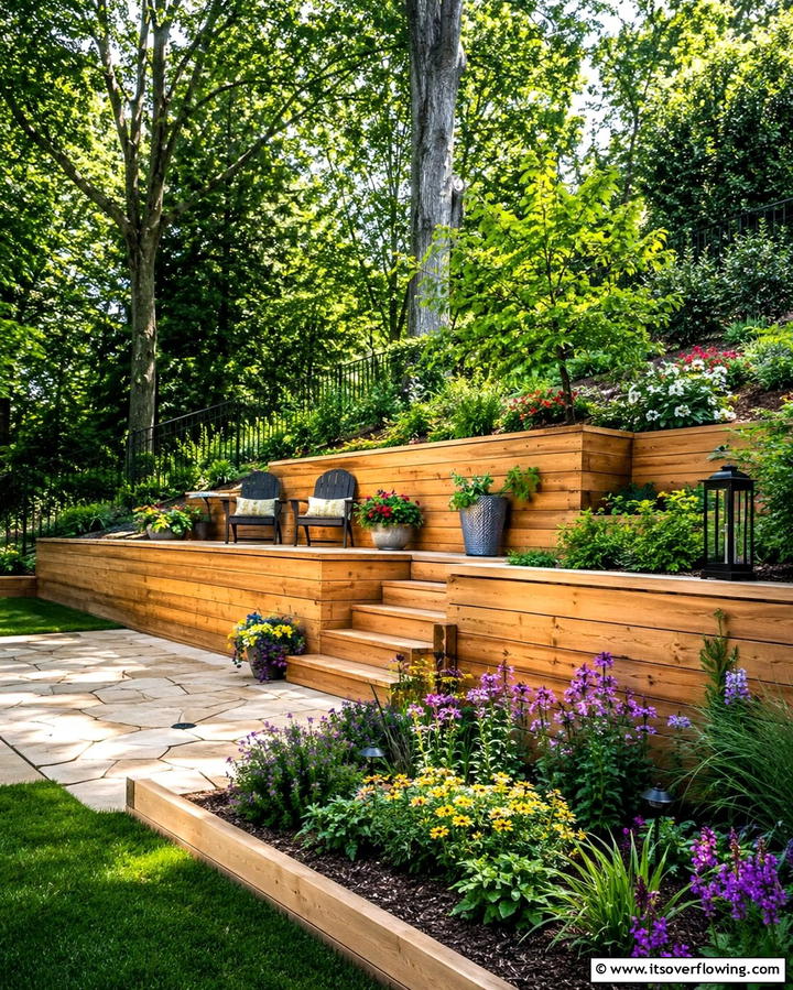 Split Level Wooden Retaining Walls - 20 Durable Wood Retaining Wall Ideas for Your Yard