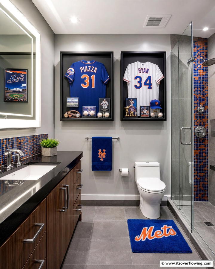 Sports Memorabilia Display - 25 Man Cave Bathroom Ideas for a Unique Space