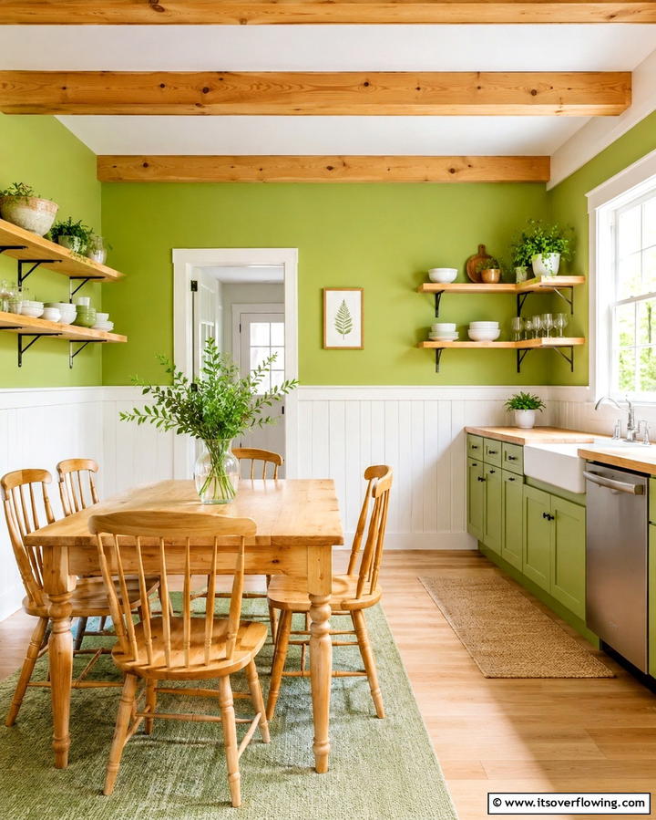 Spring Green Walls with Pine Features - 25 Warm Green and Brown Kitchen Design Ideas